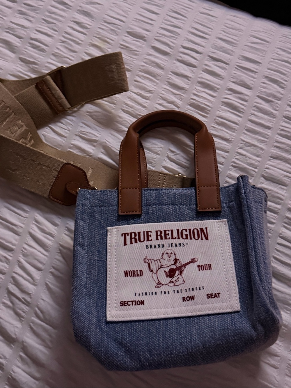 True Religion Blue Denim Mini Tote with Brown Handles